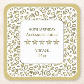 第40誕生会の金ゴールドおよび白い数パターン スクエアペーパーコースター (正面)
