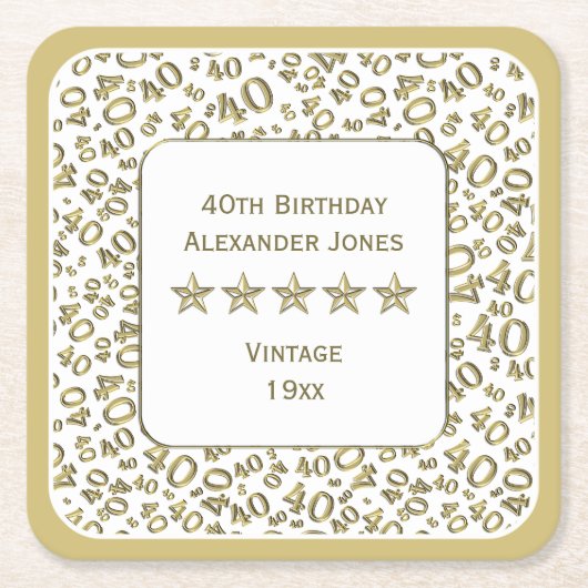 第40誕生会の金ゴールドおよび白い数パターン スクエアペーパーコースター (正面)