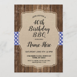 第40誕生会の青いギンガムのバーラップBBQの招待 招待状