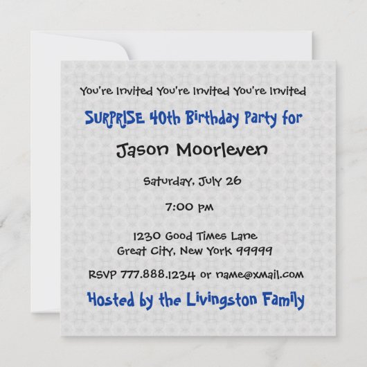 第40誕生会の青い白H421を驚かして下さい 招待状 (裏面)