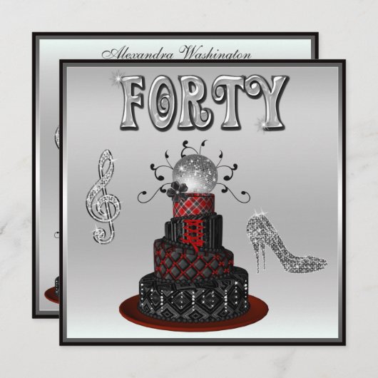 第40誕生日のディスコの花型女性歌手のケーキの輝きのハイヒール 招待状 (正面/裏面)