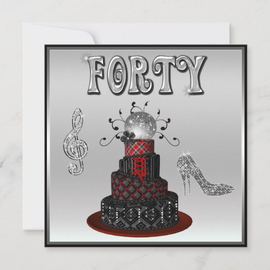 第40誕生日のディスコの花型女性歌手のケーキの輝きのハイヒール 招待状 (正面)