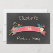 第40誕生日のピンクの旗によっては黒板が開花します 招待状 (正面)