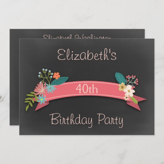 第40誕生日のピンクの旗によっては黒板が開花します 招待状 (正面/裏面)