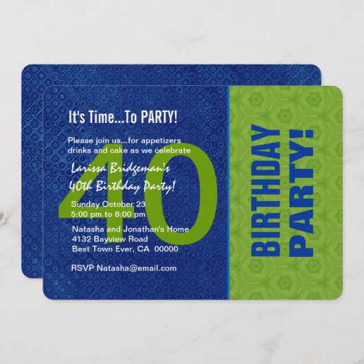 第40誕生日のモダンで青および緑B40D 招待状 (正面/裏面)
