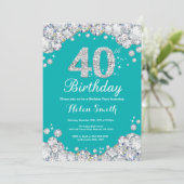 第40誕生日の招待状のティール(緑がかった色)および銀のダイヤモンド 招待状 (スタンド正面)