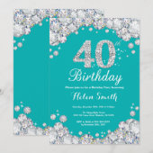 第40誕生日の招待状のティール(緑がかった色)および銀のダイヤモンド 招待状 (正面/裏面)
