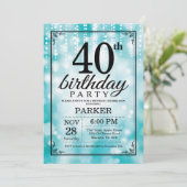 第40誕生日の招待状のティール(緑がかった色)のグリッター 招待状 (スタンド正面)