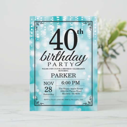 第40誕生日の招待状のティール（緑がかった色）のグリッター 招待状 (スタンド正面)