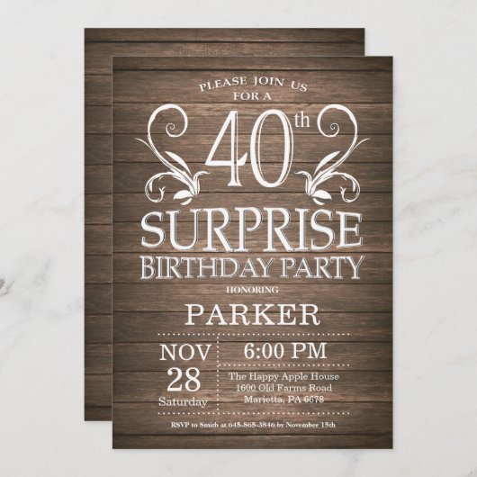 第40誕生日の招待状の素朴な木を驚かして下さい 招待状 (正面/裏面)