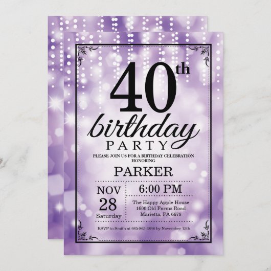 第40誕生日の招待状の紫色のグリッター 招待状 (正面/裏面)