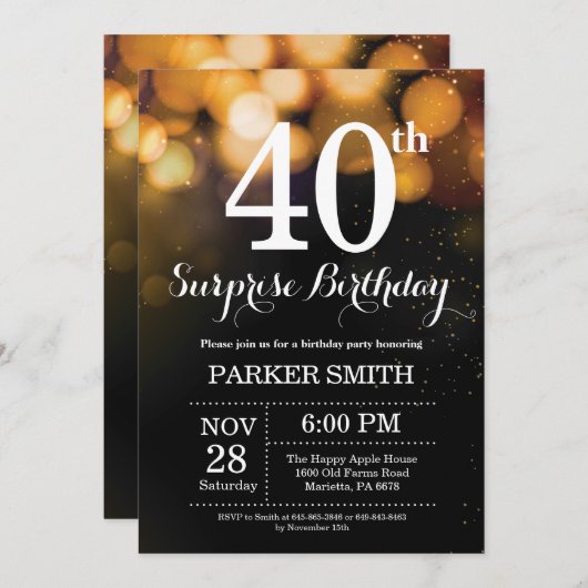 第40誕生日の招待状の金ゴールドのグリッターを驚かして下さい 招待状 (正面/裏面)