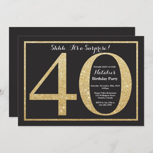 第40誕生日の招待状の金ゴールドのグリッターを驚かして下さい 招待状 (正面/裏面)