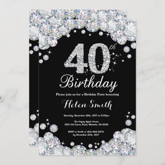 第40誕生日の招待状の黒板の銀のダイヤモンド 招待状 (正面/裏面)