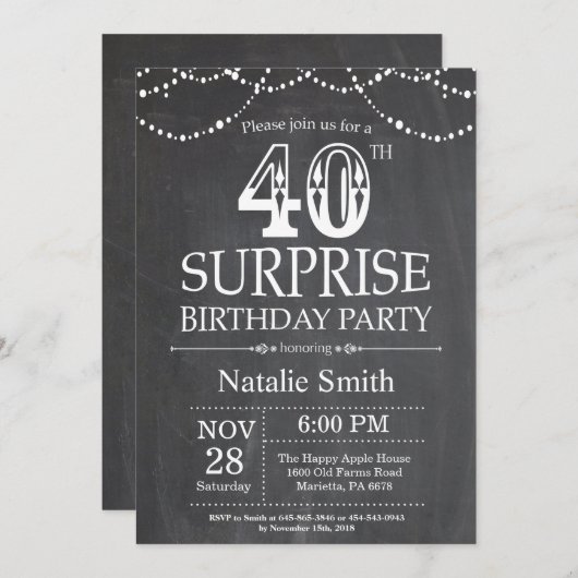 第40誕生日の招待状の黒板を驚かして下さい 招待状 (正面/裏面)