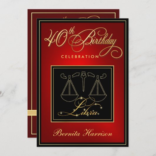 第40誕生日の招待状- (占星術の)十二宮図の印の天秤座 招待状 (正面/裏面)