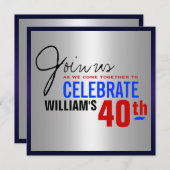 第40誕生日の招待状-赤い銀製の青 招待状 (正面/裏面)