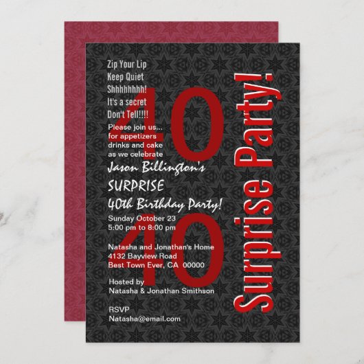 第40誕生日の白黒赤いF324を驚かして下さい 招待状 (正面/裏面)