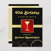 第40誕生日の赤く黒い金ゴールドの招待状を驚かして下さい 招待状 (正面/裏面)