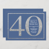 第40誕生日の青く、銀製のグリッター 招待状 (正面/裏面)