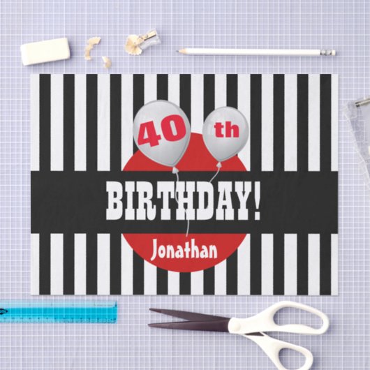 第40誕生日ストライプなおよび気球の黒い赤A08 薄葉紙 (クラフト)