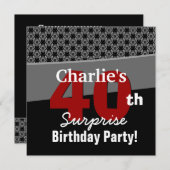 第40驚きの誕生日のモダンな白黒の赤い灰色 招待状 (正面/裏面)