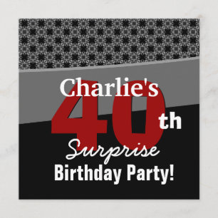 第40驚きの誕生日のモダンな白黒の赤い灰色 招待状