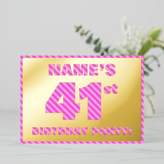 第41回バースデーはっきりしたタパーティー – おもしろい、ピンクストライプ色41 箔招待状 (立ち正面)