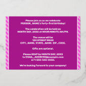 第41回バースデーはっきりしたタパーティー – おもしろい、ピンクストライプ色41 箔招待状 (裏面)