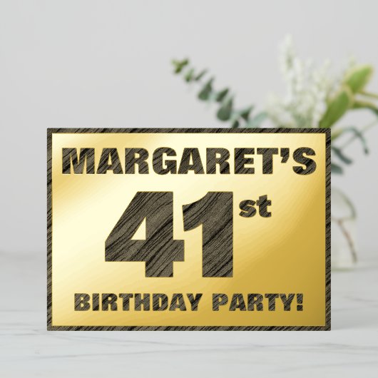 第41回バースデーパーティー – はっきりした、ウッドグフェイクレイン文字 箔招待状 (立ち正面)