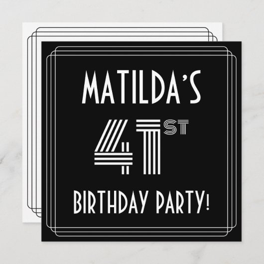 第41回誕生日パーティー:アールデコスタイル(名前をカスタムする付き) 招待状 (正面/裏面)