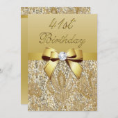 第41誕生日金ゴールドフェイクセクインとボウ 招待状 (正面/裏面)