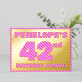 第42回バースデーはっきりしたタ・パーティー:おもしろい、ピンクストライプ・# 42 箔招待状 (立ち正面)