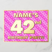 第42回バースデーパーティー – おもしろいピンクのハートとストライプ 箔招待状 (正面)
