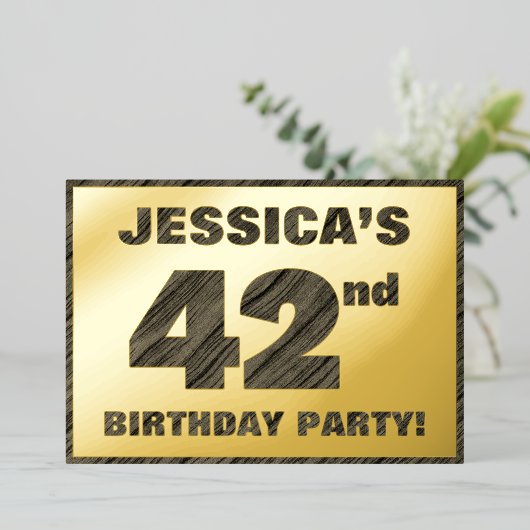 第42回バースデーパーティー – はっきりした、ウッドグフェイクレイン文字 箔招待状 (立ち正面)