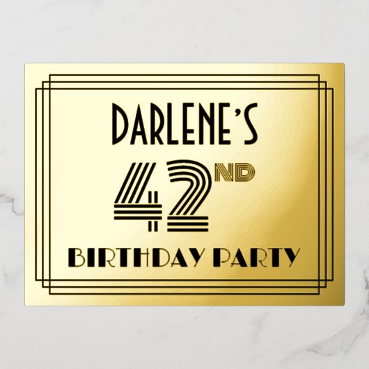 第42回バースデーパーティー~アールデコスタイル"42" +名前F 箔招待状ポストカード (正面)