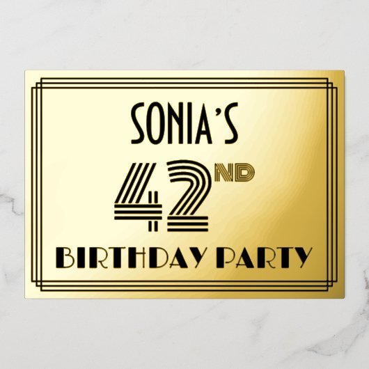 第42回バースデーパーティー – アールデコスタイル「42」 & Name 箔招待状 (正面)