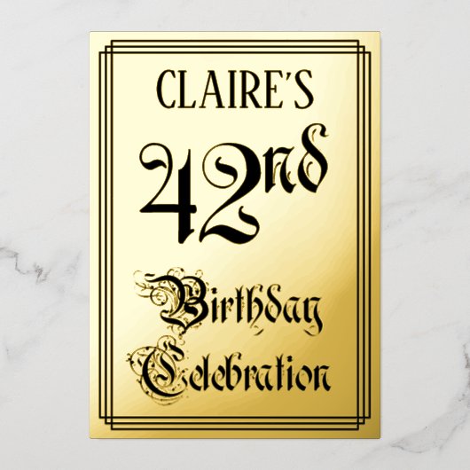 第42回バースデーパーティー – エレガント脚本+名前をカスタムする 箔招待状 (正面)