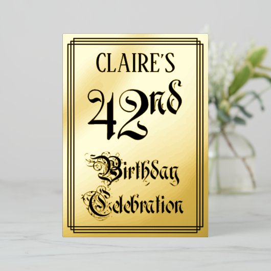 第42回バースデーパーティー – エレガント脚本+名前をカスタムする 箔招待状 (立ち正面)