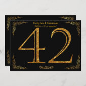 第42回バースデーパーティー,ギャツビーのスタイル,ブラック金ゴールドグリッター 招待状 (正面/裏面)