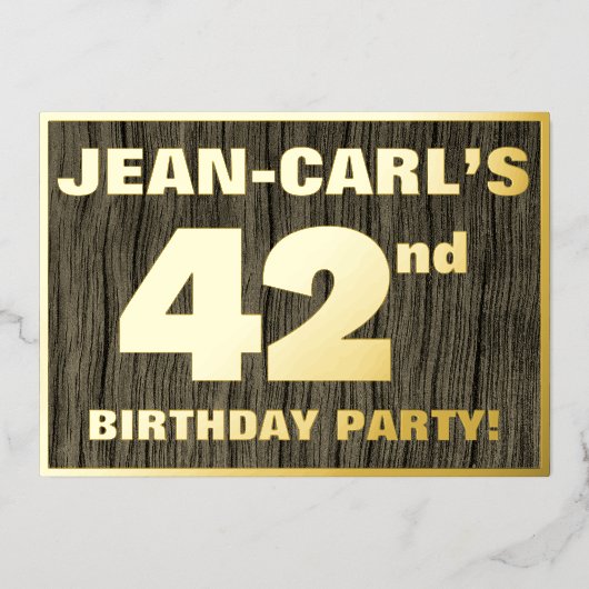第42回誕生日パーティーはっきりした:,木目フェイク模様 箔招待状 (正面)