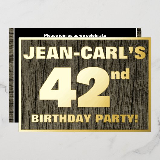 第42回誕生日パーティーはっきりした:,木目フェイク模様 箔招待状 (正面/裏面)