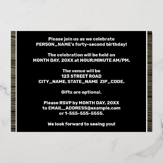 第42回誕生日パーティーはっきりした:,木目フェイク模様 箔招待状 (裏面)