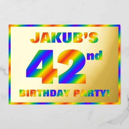 第42回誕生日パーティー – おもしろい、レインボースペクトル「42」 箔招待状 (正面)