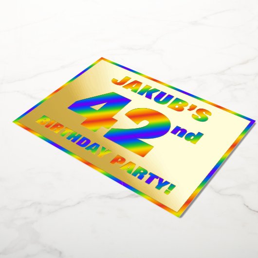 第42回誕生日パーティー – おもしろい、レインボースペクトル「42」 箔招待状 (回転した状態)