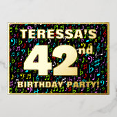 第42回誕生日パーティー – おもしろい、音楽カラフル記号 箔招待状 (正面)
