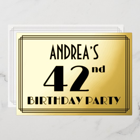 第42回誕生日パーティー – アールデコの外観:「42」 +名前 箔招待状 (正面/裏面)