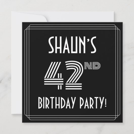 第42回誕生日パーティー:アールデコスタイル(名前をカスタムする付き) 招待状 (正面)