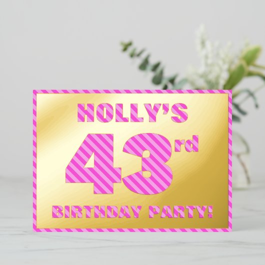 第43回バースデーパーティはっきりした:おもしろい、ピンクストライプ色の# 43 箔招待状 (立ち正面)