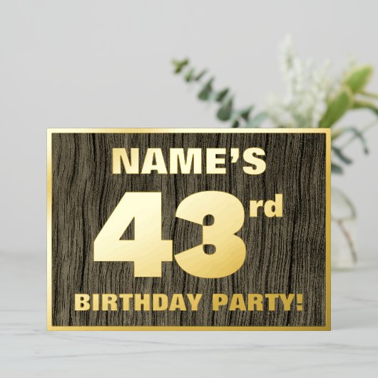 第43回誕生日パーティはっきりしたーフェイク:, Wood Grain Pattern 箔招待状 (立ち正面)